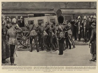 Before the Procession through London, placing the Coffin on the Gun-Carriage at Victoria Station